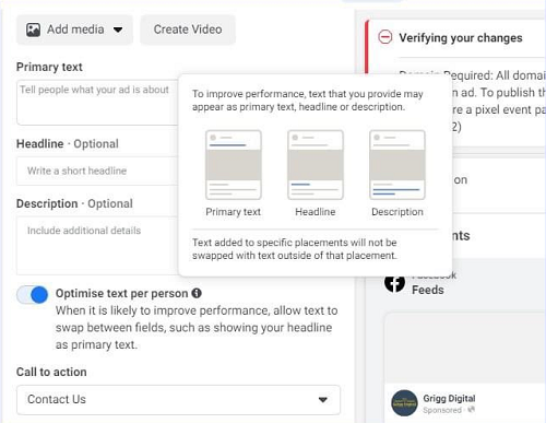 Facebook为广告Campaign新增 “Optimize Text Per Person” 选项